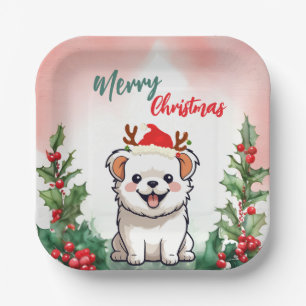 Cute Red Merry Christmas dog puppy Santa Xmas part Paper Plates