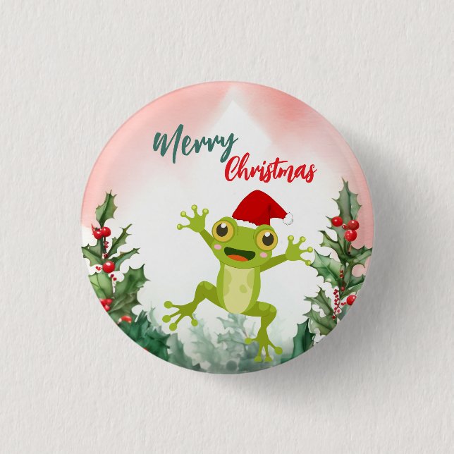 Cute Red Merry Christmas frog Santa Xmas party Button (Front)