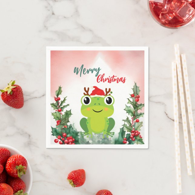 Cute Red Merry Christmas frog Santa Xmas party Napkins (Insitu)
