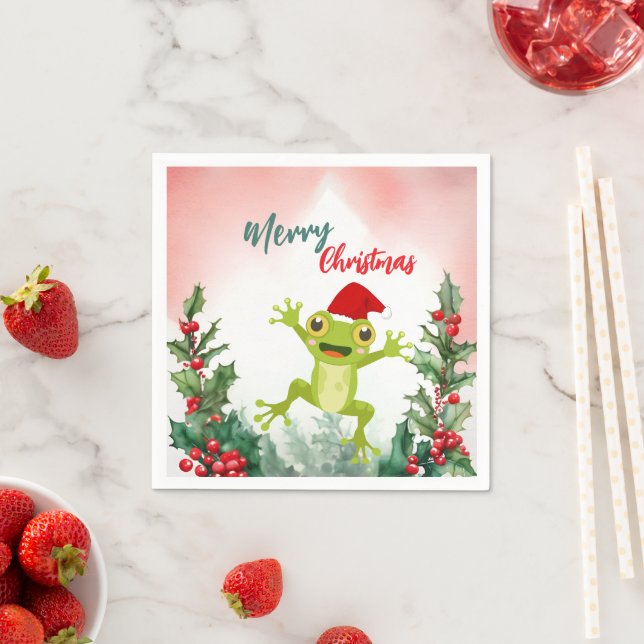 Cute Red Merry Christmas frog Santa Xmas party Napkins (Insitu)
