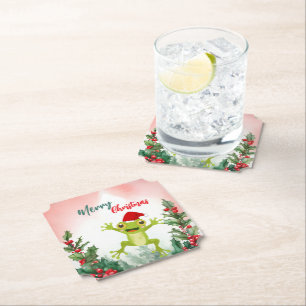 Cute Red Merry Christmas frog Santa Xmas party Paper Coaster
