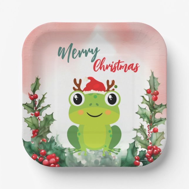 Cute Red Merry Christmas frog Santa Xmas party Paper Plates (Front)