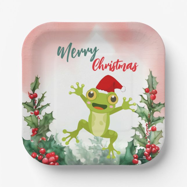 Cute Red Merry Christmas frog Santa Xmas party Paper Plates (Front)