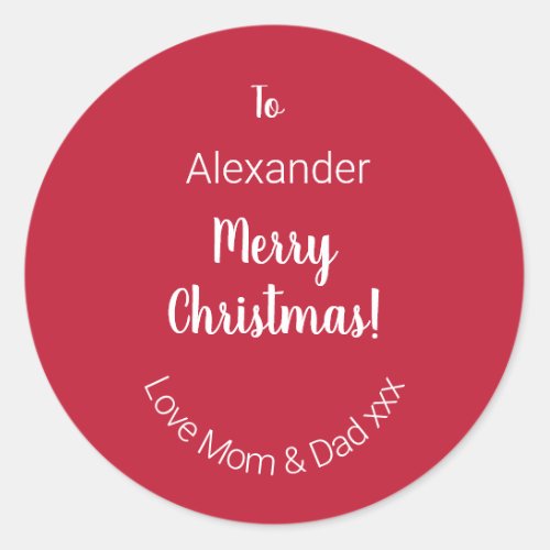 Cute Red Merry Christmas From Mom and Dad Gift Tag