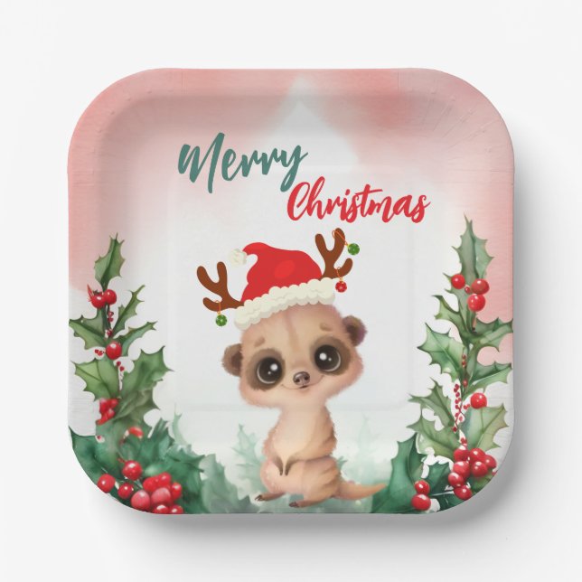 Cute Red Merry Christmas Kashmir Santa Xmas party Paper Plates (Front)