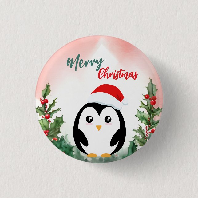 Cute Red Merry Christmas penguin Santa Xmas party Button (Front)