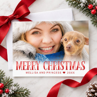 Cute Red Merry Christmas Pet Photo Holiday Card