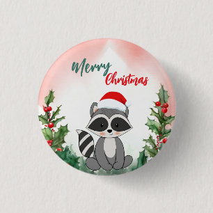 Cute Red Merry Christmas Raccoon Santa Xmas party Button