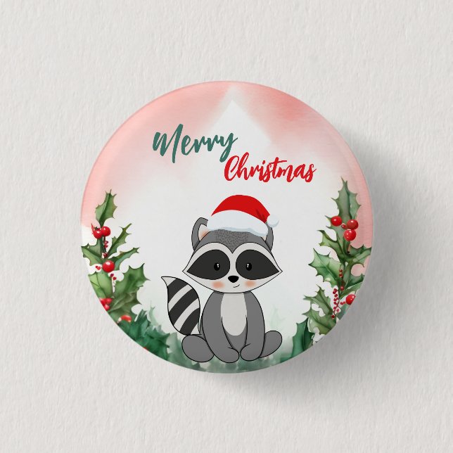 Cute Red Merry Christmas Raccoon Santa Xmas party Button (Front)