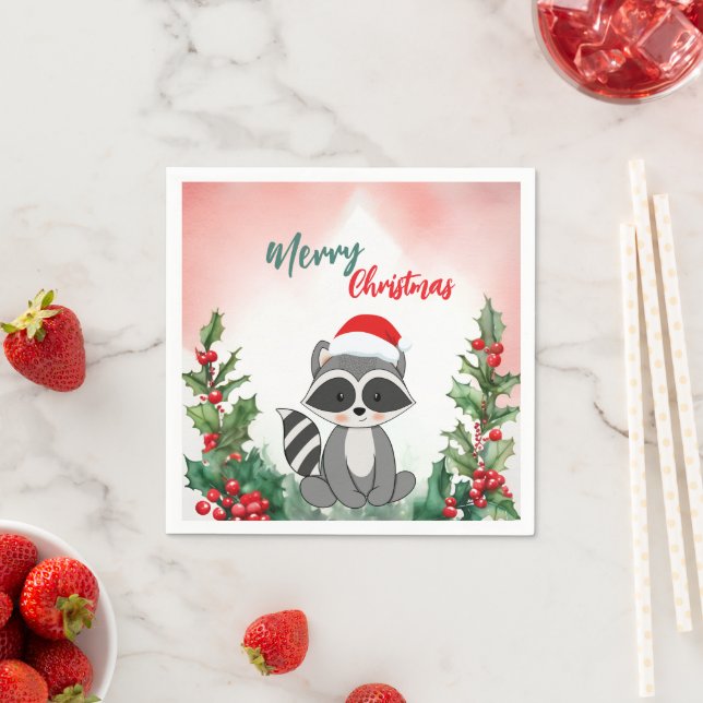Cute Red Merry Christmas Raccoon Santa Xmas party Napkins (Insitu)