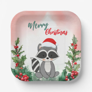 Cute Red Merry Christmas Raccoon Santa Xmas party Paper Plates