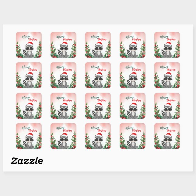 Cute Red Merry Christmas Raccoon Santa Xmas party Square Sticker (Sheet)