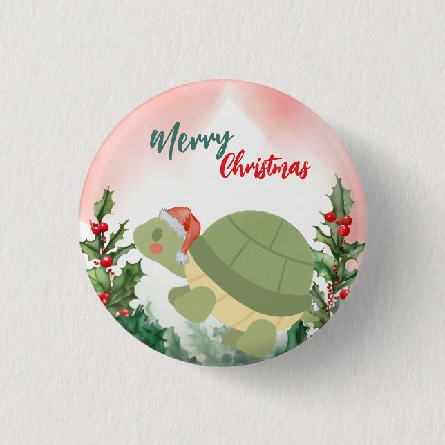 Cute Red Merry Christmas turtle Santa Xmas party Button (Front)