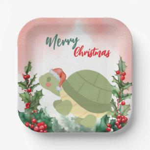 Cute Red Merry Christmas turtle Santa Xmas party Paper Plates