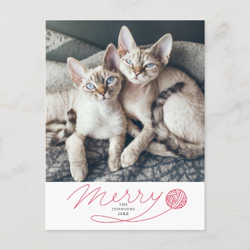 Cute Red Merry Script with Yarn Ball Cat Photo Holiday Postcard