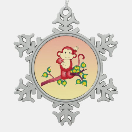 Cute Red Monkey Pewter Snowflake Ornament