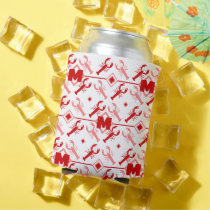 Cute Red Monogram &amp; Lobster Season Nautical Can Cooler