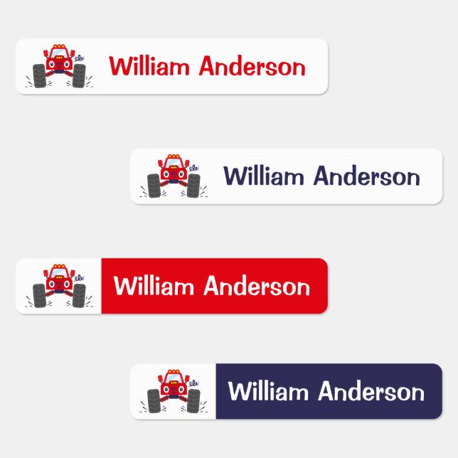 Cute Red Monster Truck Personalized Name Labels (Group)