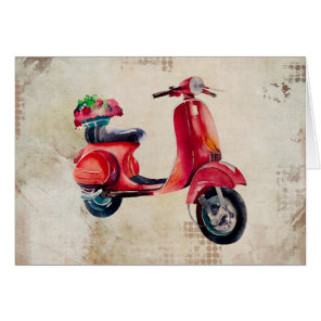 Cute Red Moped In Watercolor With Flower Basket Cards