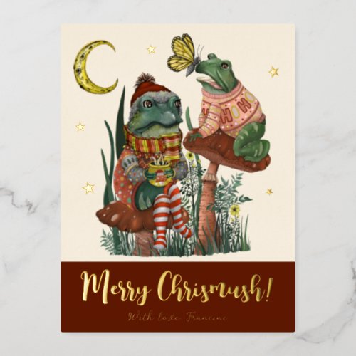 Cute Red Mushroom Frog and Toad Merry Christmas  F Foil Holiday Postcard
