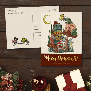Cute Red Mushroom Frog and Toad Merry Christmas F Foil Holiday Postcard