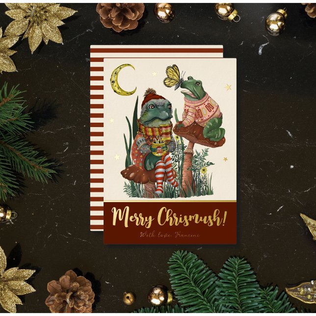 Cute Red Mushroom Frog and Toad Merry Christmas Fo Foil Holiday Card (Red and real gold foil Christmas flat card with a whimsical illustration of frogs on mushrooms)