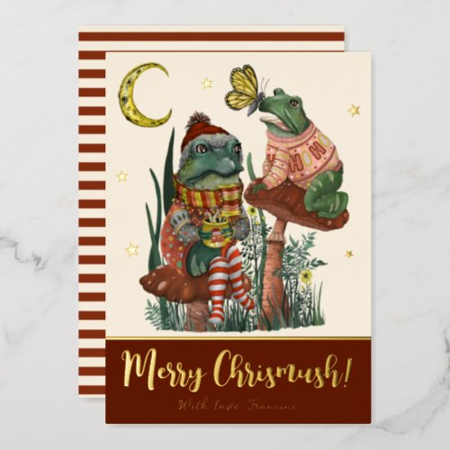 Cute Red Mushroom Frog and Toad Merry Christmas Fo Foil Holiday Card
