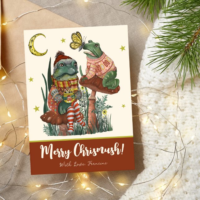 Cute Red Mushroom Frog and Toad Merry Christmas  Holiday Card (Cute Best Friend Frogs Merry Christmas Cards with Red Stripes on the back)