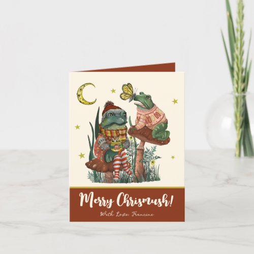 Cute Red Mushroom Frog and Toad Merry Christmas   Holiday Card