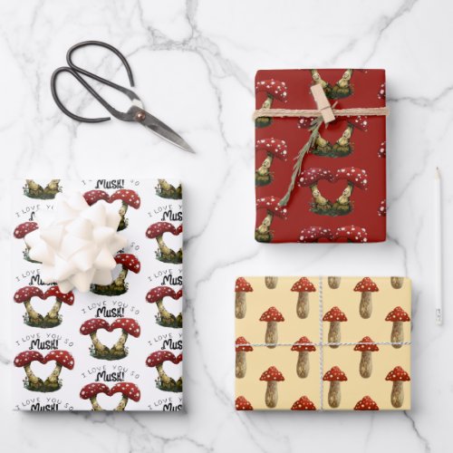 Cute Red Mushroom Fungi I Love You Valentines Day Wrapping Paper Sheets