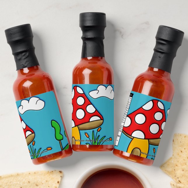 cute red mushroom hot sauces (Laydown)