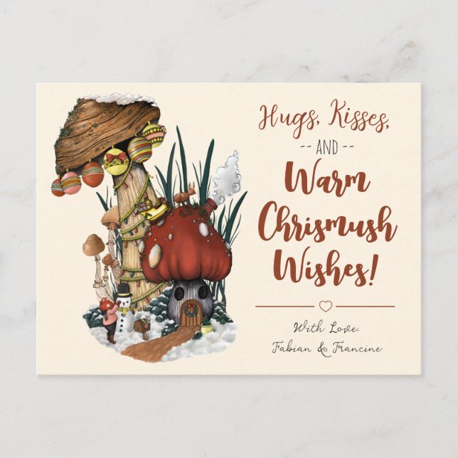 Cute Red Mushroom House Christmas Holiday Postard Postcard (Front)