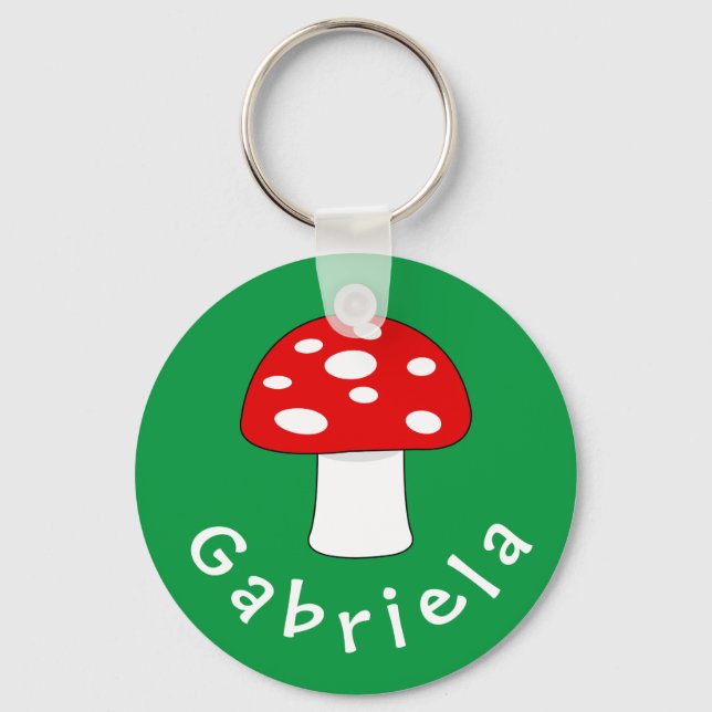 Cute red mushroom keychain with name for kids (Front)
