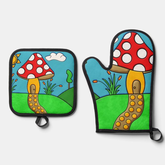 cute red mushroom oven mitt & pot holder set (Front)