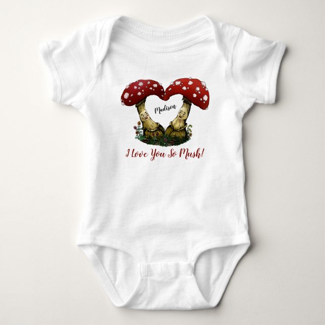 Cute Red Mushroom Pun I Love You Valentine's Day Baby Bodysuit (Front)