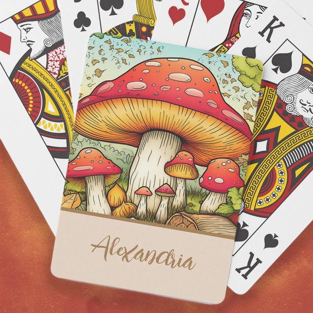 Cute Red Mushrooms Name Poker Cards (Cute red mushrooms playing cards personalized with your name.)