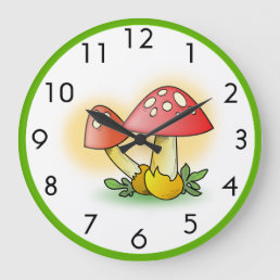 Cute Red Mushrooms White Polkadots Green Border Large Clock