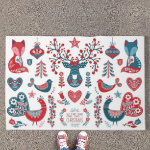 Cute Red Navy Christmas Scandinavian Folk Art Doormat