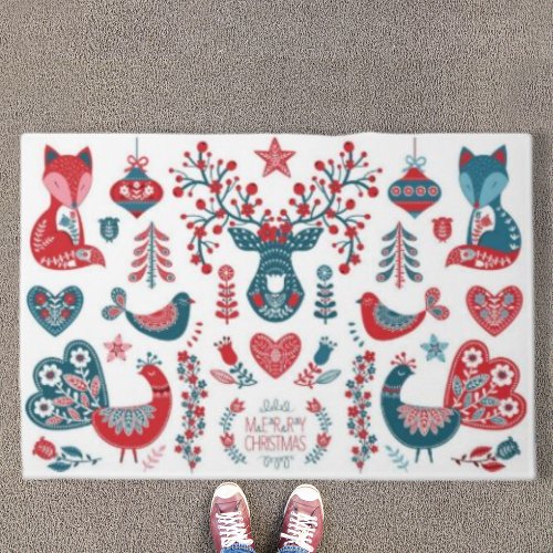 Cute Red Navy Christmas Scandinavian Folk Art  Doormat