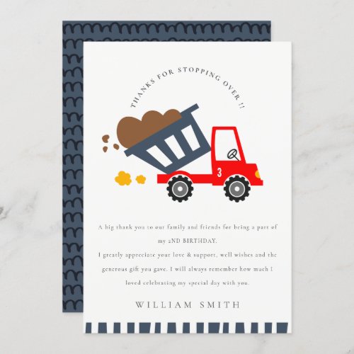 Cute Red Navy Dump Truck Kids Any Age Birthday Thank You Card