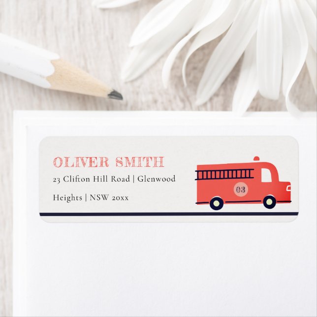 Cute Red Navy Fire Truck Engine Any Age Birthday Label (Insitu)
