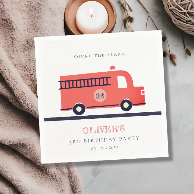 Cute Red Navy Fire Truck Engine Any Age Birthday Napkins (Creator Uploaded)