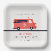 Cute Red Navy Fire Truck Engine Any Age Birthday Paper Plates (Front)