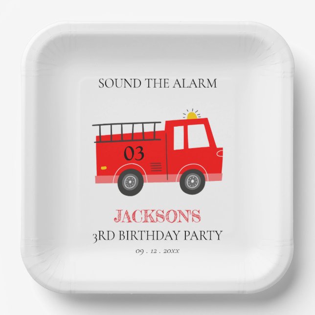 Cute Red Navy Fire Truck Engine Any Age Birthday Paper Plates (Front)