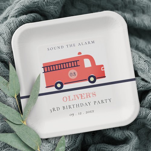 Cute Red Navy Fire Truck Engine Any Age Birthday Paper Plates
