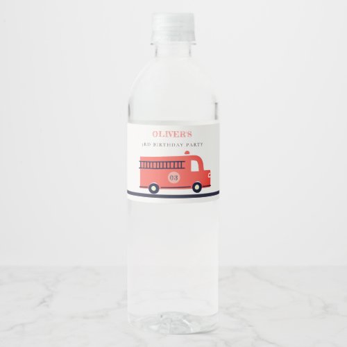 Cute Red Navy Fire Truck Engine Any Age Birthday  Water Bottle Label