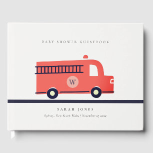 Cute Red Navy Fire Truck Engine Baby Shower Guest Book