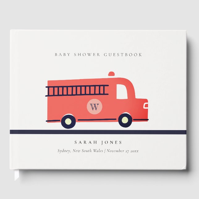 Cute Red Navy Fire Truck Engine Baby Shower Guest Book (Front)