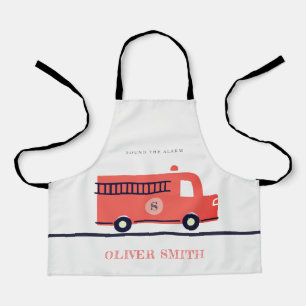 Cute Red Navy Fire Truck Engine Monogram Boys Apron