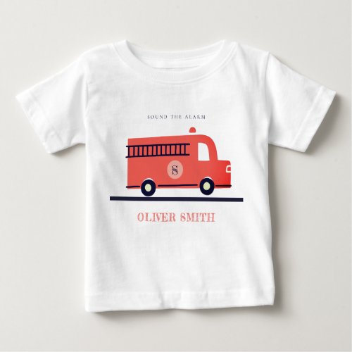Cute Red Navy Fire Truck Engine Monogram Boys Baby T_Shirt